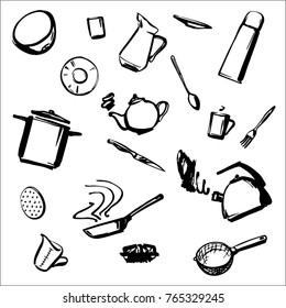 Kitchen accessories, drawn by a black line on a white background. Set of tableware, kettle, teapot, saucepan, frying pan, dish, salad bowl, decanter, glass, mug, thermos, knife, fork, spoon.