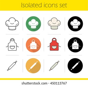 Kitchen accessories icons set. Flat design, linear, black and color styles. Chef's hat and apron, rolling pin. Baker's cooking instruments. Isolated vector illustrations