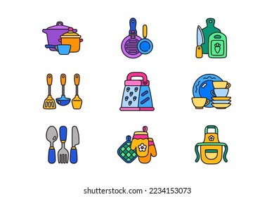 Iconos de accesorios de cocina establecen la ilustración vectorial. Herramientas y equipamiento de cocina, utensilios y cubiertos para la cocina concepto de estilo lineal
