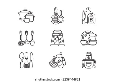 Kitchen accessories icons set vector illustration. Kitchenware tools and equipment, utensils and cutlery for cooking dishes linear style concept. Black and white icons