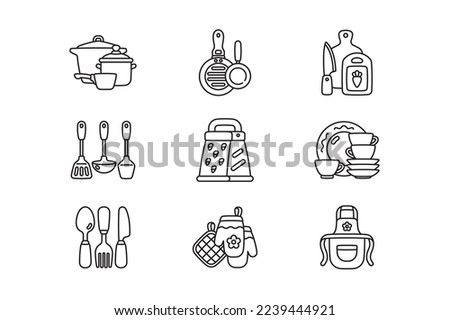 Kitchen accessories icons set vector illustration. Kitchenware tools and equipment, utensils and cutlery for cooking dishes linear style concept. Black and white icons