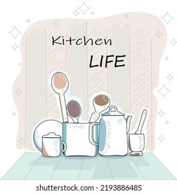 Kitchen accessories illustration, flat design, text space