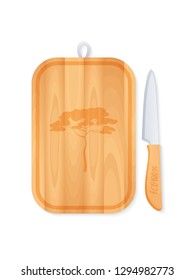 Kitchen accessories isolated on white background. Cutting board and knife. Products made of wood and natural materials. 100% eco-friendly. Without plastic, without waste.
