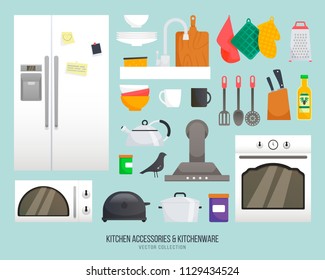 Kitchen accessories. Kitchenware vector collection. Kitchen interior object isolated icon. Kitchenware objects for easy self made design. 