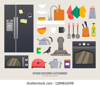 Kitchen accessories. Kitchenware vector collection. Set of kitchenware and utensils. Kitchen interior object isolated icon. Kitchenware objects for easy self made design. 