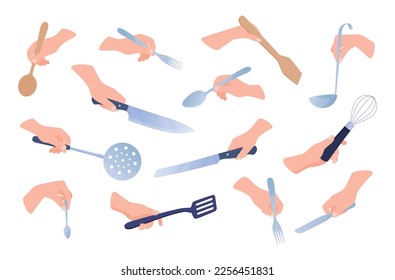 Accesorios de cocina macho mano hembra preparación de alimentos vectores de ilustración isométrica. Cocina de los brazos humanos interacción utensil horneado corte de cuchara de mezcla cuchillo de tenedor. Cubertería de mesa