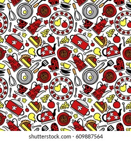Kitchen accessories: pot, frying pan, kettle, crockery. Fruit: apple and pear. Pie. Seamless vector pattern (background).