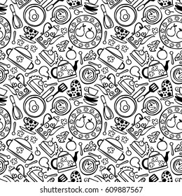 Kitchen accessories: pot, frying pan, kettle, crockery. Fruit: apple and pear. Pie. Seamless vector pattern (background).
