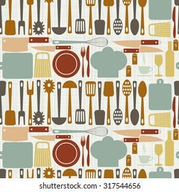 Kitchen accessories seamless pattern. Plate  fork  knife, chef cap, spoon  Board  grater  rolling pin. Vector illustration. EPS 10