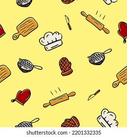 Kitchen accessories seamless pattern. Utensil, cooking background. Print for packaging, fabrics or wallpapers, textiles.