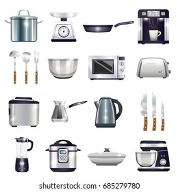 Kitchen accessories set with coffee machine, toaster, blender, microwave, food processor, kettle, cezve, knives isolated vector illustration