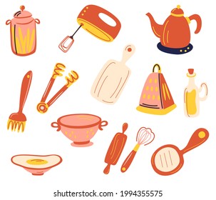 kitchen accessories set. kitchenware and utensils. Hand mixer, grater, whisk, chopping board, cans, colander, kettle. For modern recipe card template set for cookbook. Vector flat illustration.