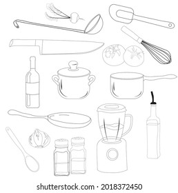 Kitchen accessories set. Vector stock illustration. Knife, blender mixer, pots, spatulas, ladle, ladle, saucepan, frying pan, saucepan. Doodle. Black and white. Isolated on a white background.
