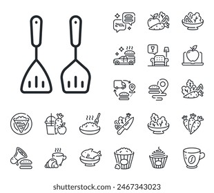 Kitchen accessories sign. Crepe, sweet popcorn and salad outline icons. Cooking cutlery line icon. Food preparation symbol. Cooking cutlery line sign. Pasta spaghetti, fresh juice icon. Vector