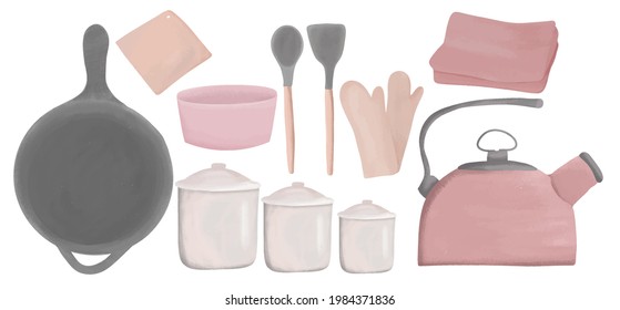 Kitchen accessories and tableware set, cooking, kitchen utensils collection, modern flat style, vector illustrations, drawings with texture isolated on white background