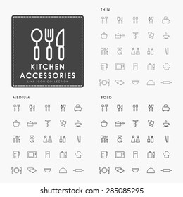 accesorios de cocina iconos de línea delgada, media y negrita