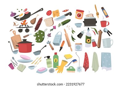 Kitchen accessories and utensils set vector illustration. Equipment for preparing food and cleaning kitchen flat style concept