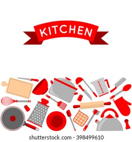 Kitchen accessory card design. Vector illustration with pot, kettle, plate, spoon, trowel, scoop, and other kitchen accessories.