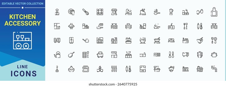 Kitchen Accessory icon set. Minimalist icons pack. Cook icon collection. Contain linear symbols tool, kitchen, cooking, equipment, utensil and more.