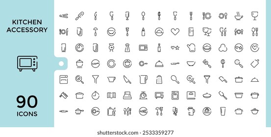 Kitchen accessory line icons set. Containing spoon, fork, knife, whisk, spatula, cutting board, and more. Minimal and modern line vector icon collection. Pixel perfect.