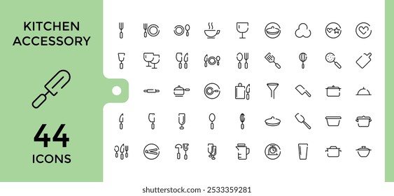 Kitchen accessory line icons set. Containing spoon, fork, knife, whisk, spatula, cutting board, and more. Minimal and modern line vector icon collection. Pixel perfect.