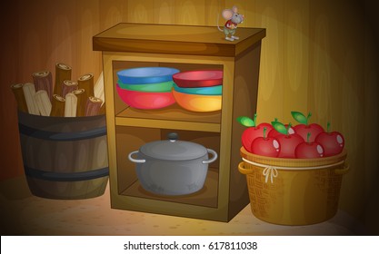 Kitchen with apples and shelves illustration