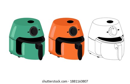 Kitchen appliance air fryer with open bowl and ready to be filled with roasting products. air frying semi sideways in different colors and linear style for smart cooking technique graphic posters.