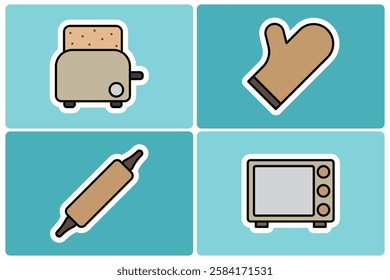 Kitchen Appliance and Baking Doodle Icon Sticker Set. Toaster, Oven Mitt, Rolling Pin, and Microwave