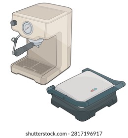 Kitchen appliance bundle featuring an espresso machine and electric panini press isolated on a white background. Ideal for coffee preparation, grilled sandwiches, breakfast service, and modern kitchen concepts.
