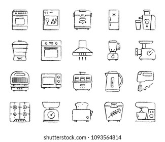 Kitchen Appliance charcoal icons set. Outline web sign kit of equipment. Electronics linear icon collection includes shaker, scales, mixer. Simple hand drawn kitchen black symbol. Vector Illustration