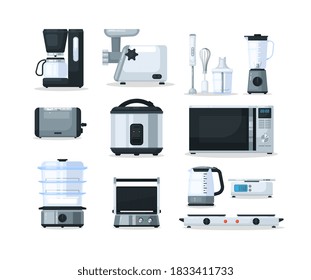 Kitchen appliance electronic device equipment for cooking. Vector coffee maker, mixer, blender, meat grinder, microwave oven, toaster, multicooker, electric oven, double boiler isolated illustration