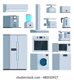 Kitchen appliance equipment object set: fridge, toaster, coffee machine, washing machine, air conditioner, meat Mincer, microwave, kettle. Vector illustration isolated trendy flat style design