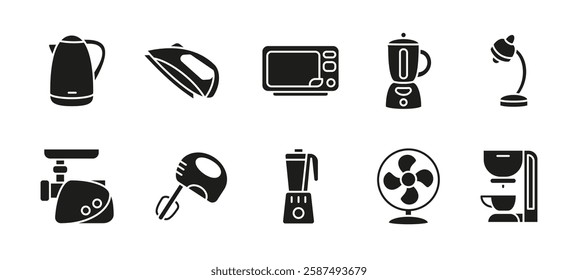 Kitchen appliance icon set black. Collection of household and cooking equipment vector illustrations. Includes microwave, blender, kettle, coffee machine and oven. Home electric device silhouette.