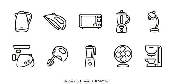 Kitchen appliance icon set. Collection of household and cooking equipment vector illustrations. Includes microwave, blender, kettle, coffee machine and oven. Home electric device symbols.