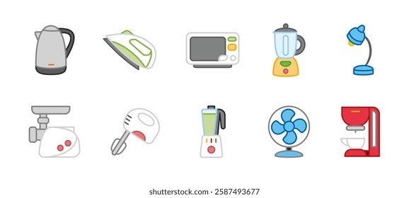 Kitchen appliance icon set colored. Collection of household and cooking equipment vector illustrations. Includes microwave, blender, kettle, coffee machine and oven. Home electric device colorful.