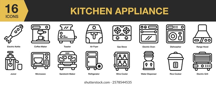 Kitchen Appliance icon set. Includes kitchen, equipment, electric, appliance, kitchenware, machine, and More. Outline icons vector collection.