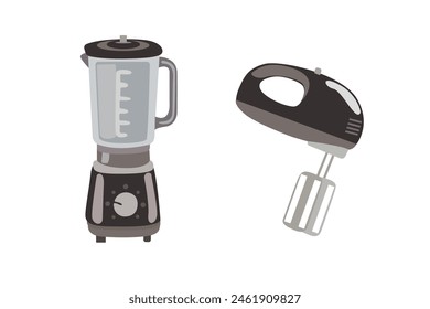 Kitchen appliance icon set isolated on white background. A set of flat hand blender and mixer for grinding products. A set of electric kitchen appliances in beige and black color