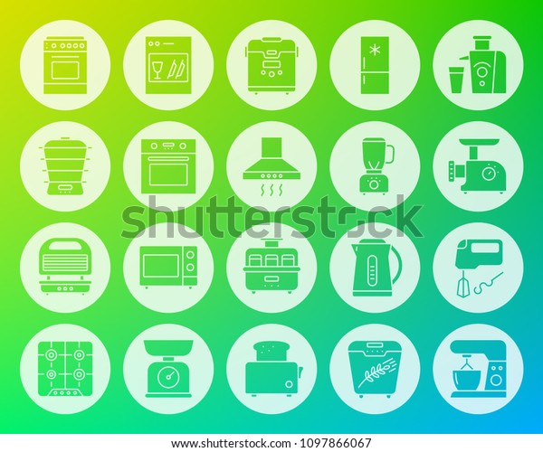Kitchen appliance icons set. Web sign kit of\
equipment. Electronics pictogram collection includes juicer, gas,\
cooker. Simple kitchen vector symbol. Icon shape carved from circle\
on color background