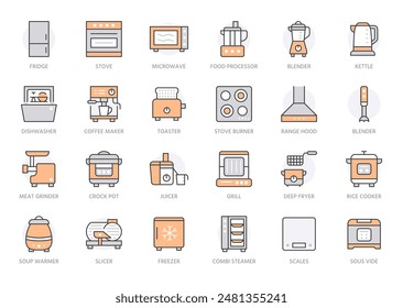 Kitchen appliance line icon set. Oven, mixer, dishwasher, food processor, combi steamer minimal vector illustrations. Simple outline signs of cooking equipment. Orange color. Editable Strokes