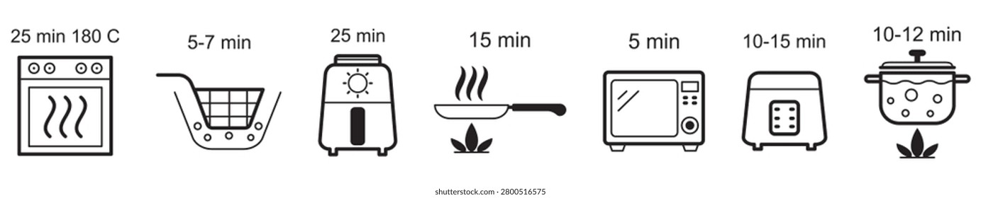 Kitchen appliance line icon set with temperature and timer symbols for cooking. Includes oven, frying pan, slow cooker, cooking pot, deep fryer, air fryer, grill, and microwave. Editable stroke