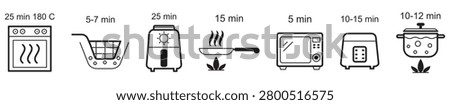 Kitchen appliance line icon set with temperature and timer symbols for cooking. Includes oven, frying pan, slow cooker, cooking pot, deep fryer, air fryer, grill, and microwave. Editable stroke