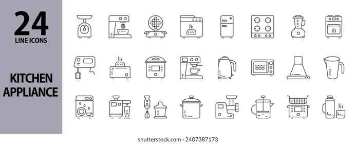 Kitchen Appliance line icons set with Scales, Kettle, Bread maker, Blender, Toaster, Waffle maker, Coffeemaker, Multicooker, Juicer. Editable stroke