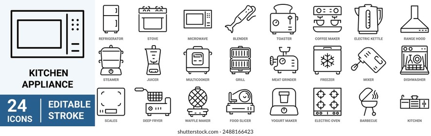 Kitchen appliance line web icon. Oven, mixer, dishwasher, food processor, vector illustrations. Editable Strokes