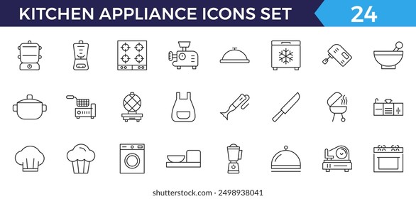 Kitchen appliance line web icon. Oven, mixer, dishwasher, food processor, vector illustrations