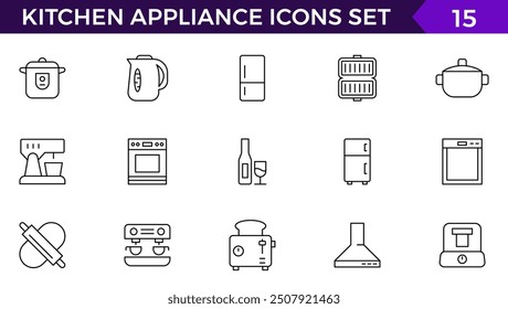 Kitchen appliance line web icon. Oven, mixer, dishwasher, food processor, vector illustrations