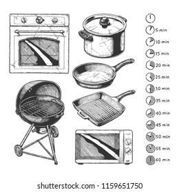 Kitchen appliance set, food preparation time. Cooking processes types: baking, grilling, frying, boiling icons. Objects: Frying pan, Kettle grill, Stock pot, Griddle pan, Oven and Microwave