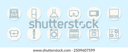 Kitchen appliance set icon. Dishwasher, refrigerator, hood, toaster, microwave, scale, multicooker, blender, washing machine, stove, oven, hob, home appliance, cooking, kitchen, equipment