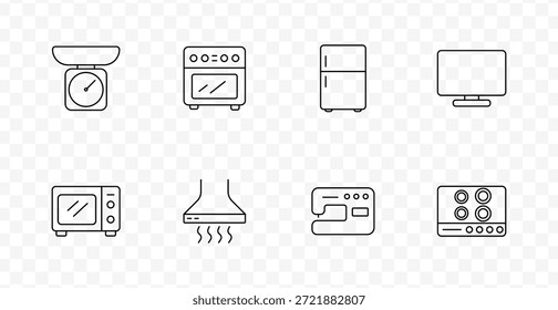 Ícone do conjunto de aparelhos de cozinha. Escala, forno, geladeira, micro-ondas, exaustor, máquina de costura, fogão, tela, eletrônica de cozinha.