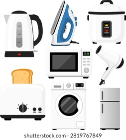 Kitchen appliance set includes toaster microwave electric kettle iron rice cooker hair dryer washing machine and refrigerator in white and blue colors