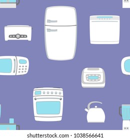 Kitchen appliance set seamless background. Refrigerator, dishwasher, oven, kettle, multicooker, blender mixer microwave toster Vector illustratoin